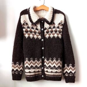 Handknit Icelandic Intarsia Wool Cardigan Sweater Jacket, S